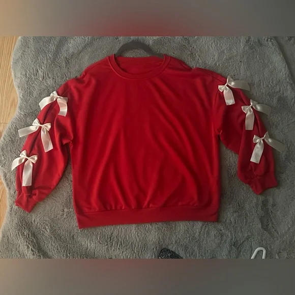 Krush Kandy Boutique Red Bow Sleeve Sweatshirt - Satin Ribbon Detail - Medium - Picture 2 of 5